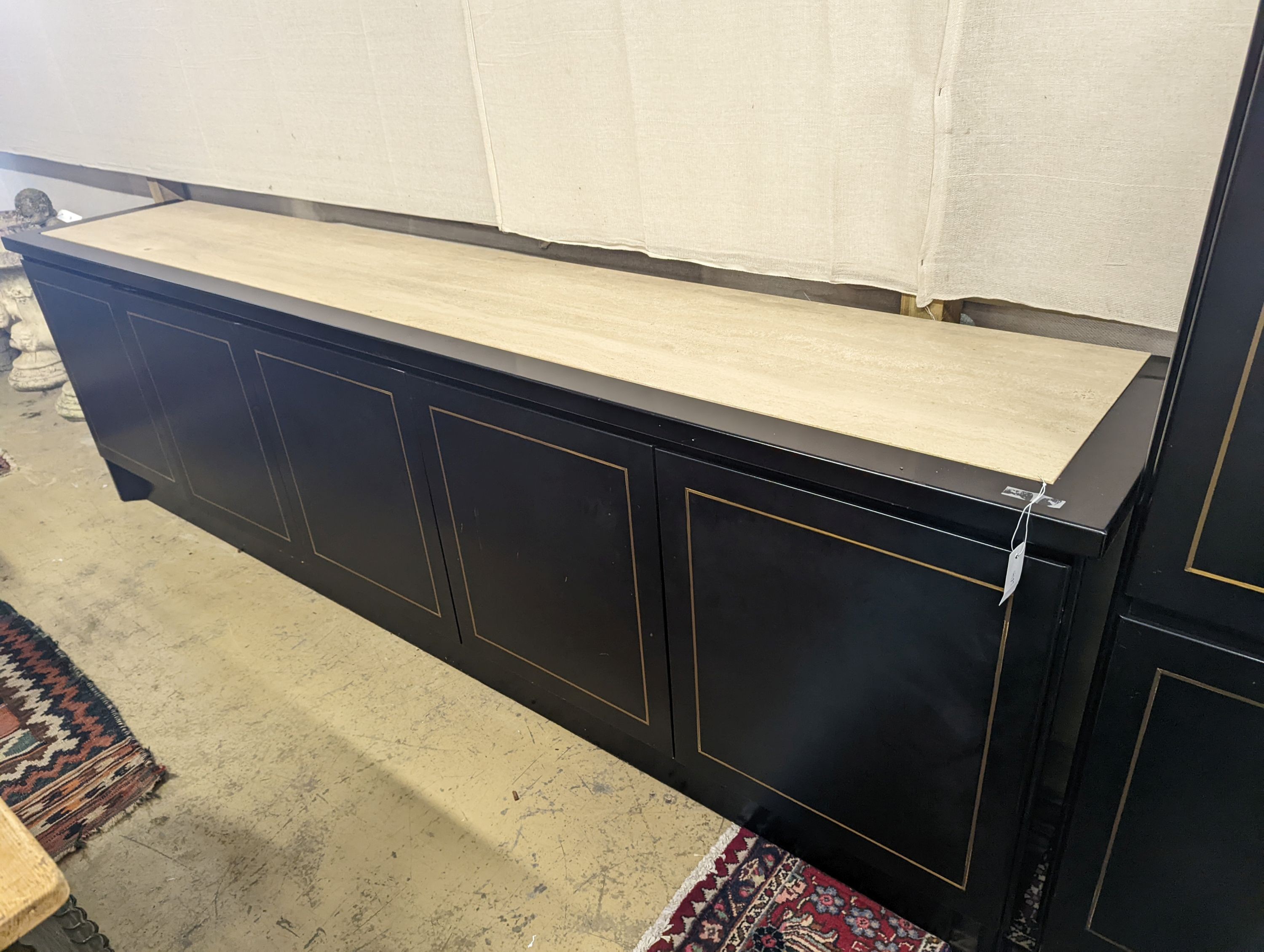 A 20th century black lacquer four door buffet with reconstituted marble top, width 281cm, depth 50cm, height 84cm